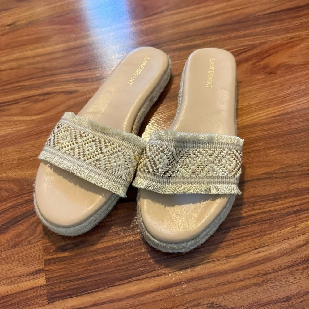 Lane Bryant Size 9W Ivory Gold Woven Fringe Slide Sandals Wide Width Boho